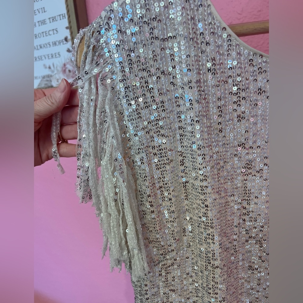 Sterling Kreek LARGE L Sequin Fringe Dress Bridal Bachelorette Ivory Champagne